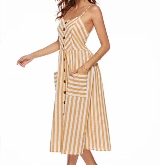 Style House Striped Button Front Pocketed Strappy Midi Dress - Picture 6 of 6